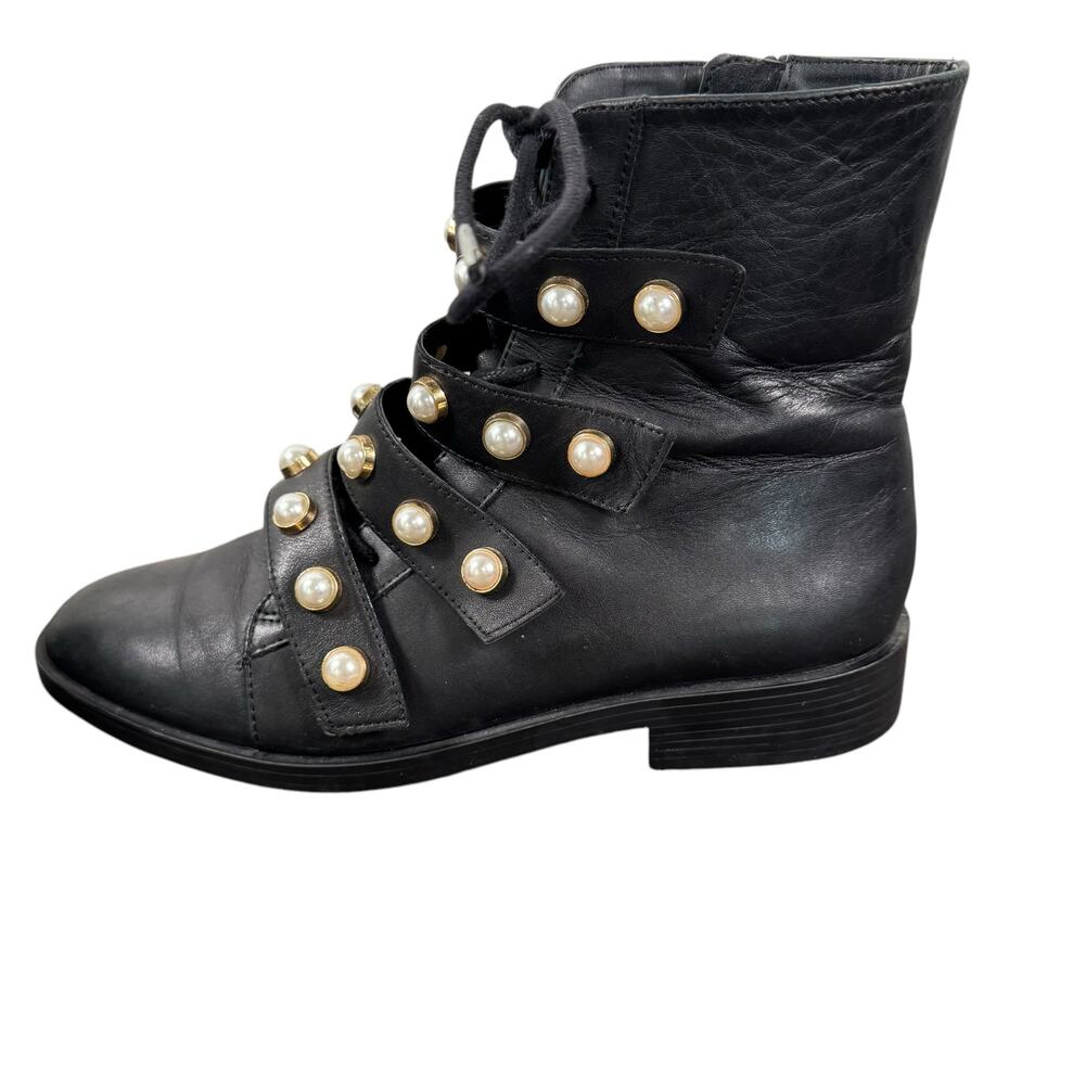 Zara Womens Trafaluc Pearl Strap Lace Up Faux Leather Combat Ankle Boots Size 37
